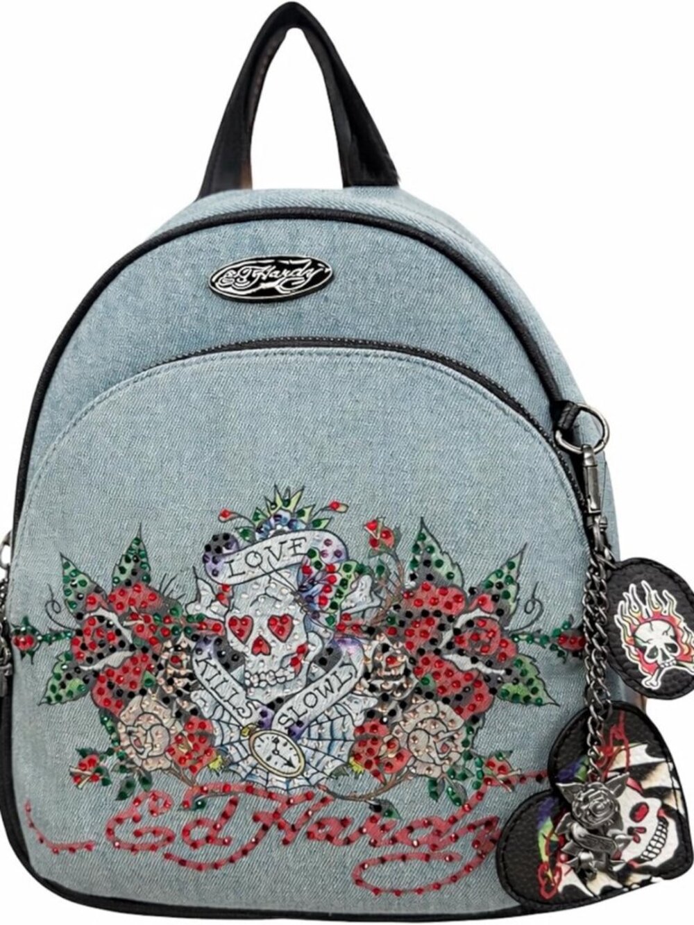 Stylish Denim Mini Backpack for Women - Embroidered Skull & Roses, Studded